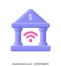 Bank building with wifi symbol. Financial technology, digital payment or online banking concept. 3d vector icon. Cartoon minimal style.