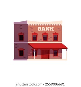 Bank building from wild west. Western financial infrastructure of town or village. Vintage construction exterior with porch and Bank sign. Vector flat illustration isolated on white background