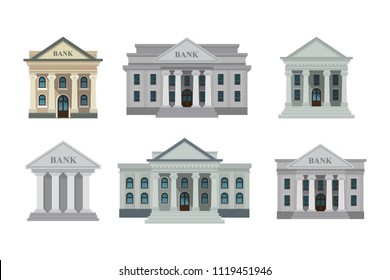 Bank buildings icons set isolated on white background. Front view of court house, bank, university or governmental institution. Vector illustration. Flat design style. Eps 10.