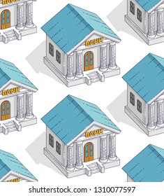 Bank buildings seamless background, backdrop for financial business or banking website or economical theme ads and information, credits and savings, vector wallpaper or web site background.