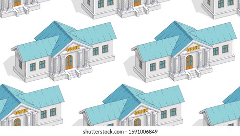 Bank buildings seamless background, backdrop for financial business or banking website or economical theme ads and information, credits and savings, vector wallpaper or web site background.