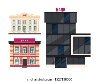 Bank buildings. Skyscraper, vintage and classic ancient houses. Vector illustration in flat style.