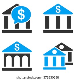 Bank Buildings vector icons. Style is flat bicolored symbols painted with blue and gray colors on a white background, angles are rounded.