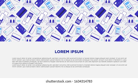 Bank and business, flat vector seamless pattern with text template,  credit master card, financial building, mobile, swiping machine elements