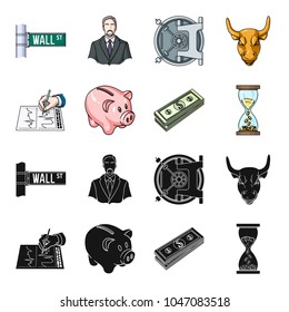 Bank, business schedule, bundle of notes, time money. Money and Finance set collection icons in black,cartoon style vector symbol stock illustration web.