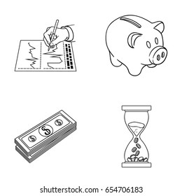 Bank, business schedule, bundle of notes, time money. Money and Finance set collection icons in outline style vector symbol stock illustration web.