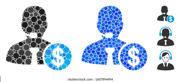 Bank call center composition of small circles in different sizes and color hues, based on bank call center icon. Vector filled circles are grouped into blue composition.