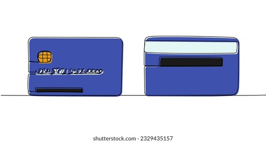Bank card with a chip front and back, credit card color, colored one line art. Continuous line drawing of bank, money, finance, financial, payment, data, savings, economic, wealth, credit