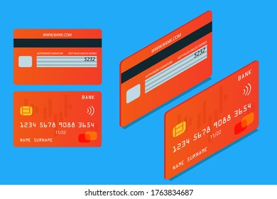 Concepto de tarjeta bancaria. Delantera y trasera de una tarjeta de crédito, tarjeta de débito, isométrica