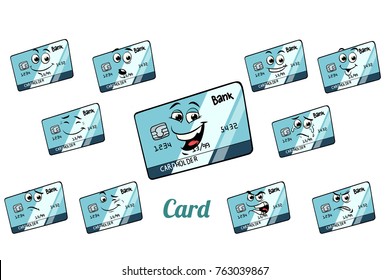 Bank card emotions emoticons set isolated on white background. Comic book cartoon pop art illustration retro vector