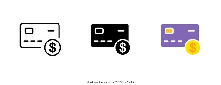 A bank card featuring the iconic dollar sign, representing financial transactions and the power of money. Vector set of icons in line, black and colorful styles isolated.