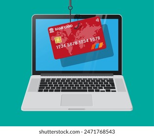 Bank card and fishing hook. Internet phishing, hacked login and password. Computer netwrok and internet security concept. Anti virus, spyware, malware. Vector illustration in flat style