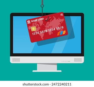 Bank card and fishing hook. Internet phishing, hacked login and password. Computer netwrok and internet security concept. Anti virus, spyware, malware. Vector illustration in flat style