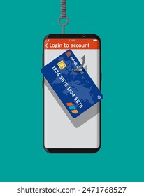 Bank card and fishing hook in smartphone. Internet phishing, hacked login and password. Computer netwrok and internet security concept. Anti virus, spyware, malware. Vector illustration in flat style