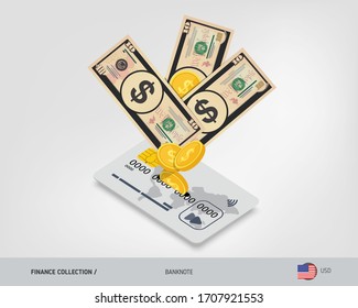 Bank card with flying 10 US Dollar banknotes and gold coins. Flat style vector illustration.