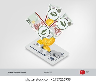 Bank card with flying 20 Turkish Lira banknotes and gold coins. Flat style vector illustration.