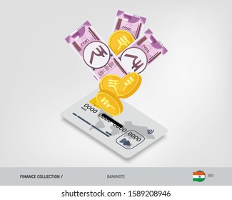 Bank card with flying 2000 Indian Rupee banknotes and gold coins. Flat style vector illustration.