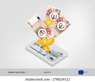 Bank card with flying 50 Euro banknotes and gold coins. Flat style vector illustration.