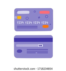 Bank card front and back cartoon flat vector icon. Hand drawn in trendy doodle style - cashless money. Colorful illustration Isolated on white background.