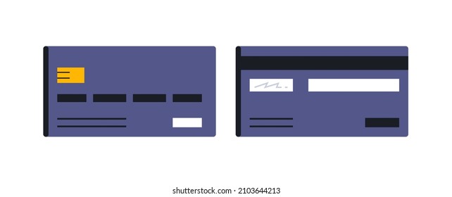 Bank card front and back view. Card for paying for purchases and orders. Money, cash, pay, chip, pin, personal signature, autograph. Vector illustration isolated on white background.