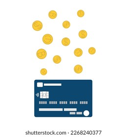 Bank card and golden dollar, euro and bitcoin coins. The concept of saving money, digital money, replenishing a bank account