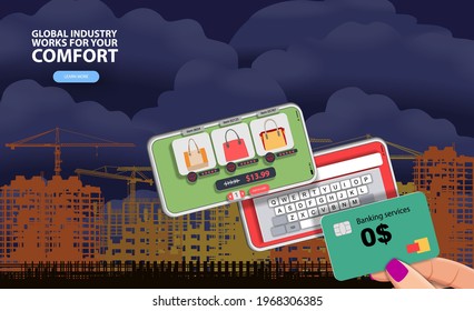 Bank card in hand on the background of the construction of a residential complex. Vector banner