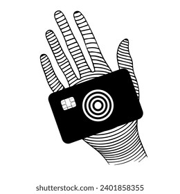 Bank card in hand. SHOTLISTbanking. hand drawing. Not AI, Vector illustration