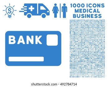 Bank Card icon with 1000 medical business cobalt vector pictograms. Design style is flat symbols, white background.
