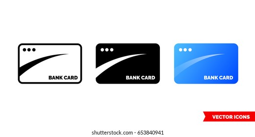 Bank card icon of 3 types: color, black and white, outline. Isolated vector sign symbol. Debit or credit card vector icon.