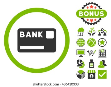 Bank Card icon with bonus design elements. Vector illustration style is flat iconic bicolor symbols, eco green and gray colors, white background.