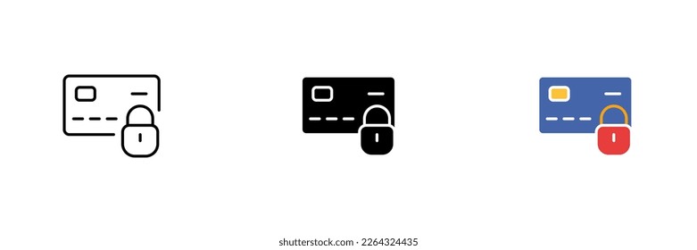 Bank card icon with lock. Security of bank cards, protection against financial fraud. Vector set of icons in line, black and colorful styles isolated on white background.