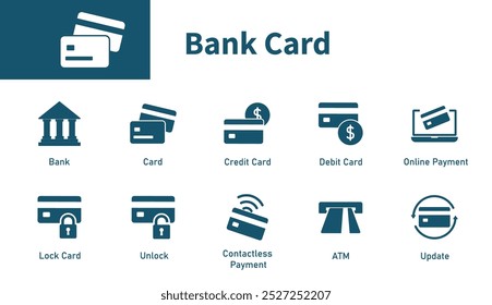 Bank card icon. Set of solid vector icons on the theme of fintech, ATM, credit card, debit card, online payment.