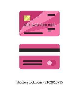 Bank card isolated on white background. Front and back views. Vector illustration. Cartoon flat style