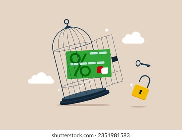 Bank card with key free himself from cage. Bank  concept. Financial freedom. Modern vector illustration in flat style 