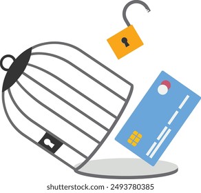 Bank card with key free himself from cage. Bank concept. Financial freedom. Modern vector illustration in flat style

