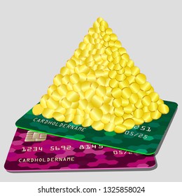 Bank card. Lots of gold coins .Pyramid shape. Money on a credit card. Vector