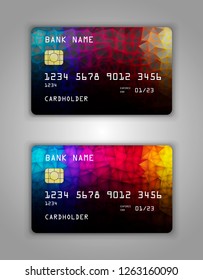 Bank card. Modern credit card template design. Red, blue, multicolor, black, youth color. Triangles.