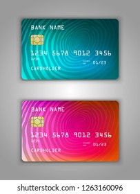 Bank card. Modern credit card template design. Multicolor, Red, bright, green, red, club color. Spiral.
