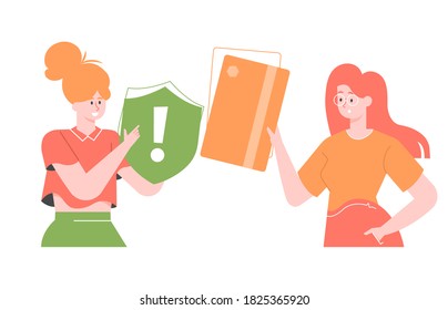 Bank card and money security. Financial Consultant. User identification. Two girls character. Vector flat illustration.