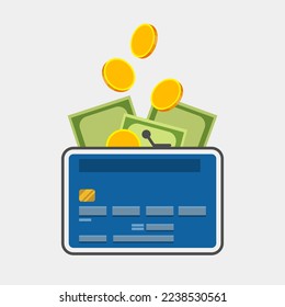 Bank card, outline of purse, gold coins and green banknotes over light background. Concept of cashless payments and cashback, money on the card, digital wallet, using card as whole wallet