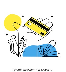 Bank card in palm of hand. Credit and financial offer. Modern trendy outline cartoon isolated on abstract nature background