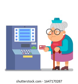Bank card payment at ATM grandmother old lady character flat design vector illustration