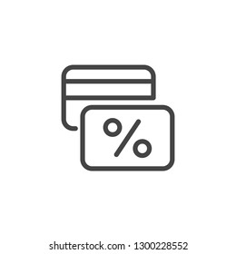 Bank card with percentage sign. Linear icon from financial series. Credit card, rate, discount, cashback concept label isolated on white. Vector illustration