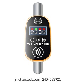 Bank card, phone near the terminal. Wireless, contactless or cashless payments, RFID NFC. Ticket validator for airport, metro or bus and metro.
