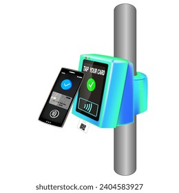 Bank card, phone near the terminal. Wireless, contactless or cashless payments, RFID NFC. Ticket validator for airport, metro or bus and metro.