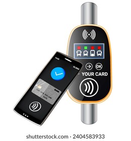 Bank card, phone near the terminal. Wireless, contactless or cashless payments, RFID NFC. Ticket validator for airport, metro or bus and metro.