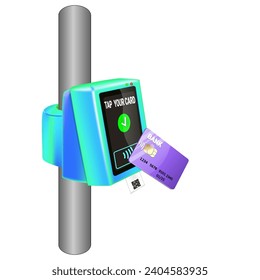 Bank card, phone near the terminal. Wireless, contactless or cashless payments, RFID NFC. Ticket validator for airport, metro or bus and metro.