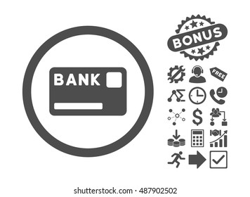 Bank Card pictograph with bonus symbols. Vector illustration style is flat iconic symbols, gray color, white background.