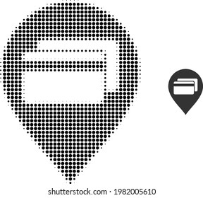 Ilustración de icono de punto de semitono del puntero de tarjeta bancaria. El patrón de semitono contiene puntos redondos. Ilustración vectorial del icono del puntero de la tarjeta de banco en un fondo blanco.