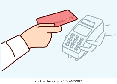 Bank card and POS terminal in hands person for accepting contactless payment at checkout of store or supermarket. POS equipment for retail business and acceptance of non-cash payments from customers